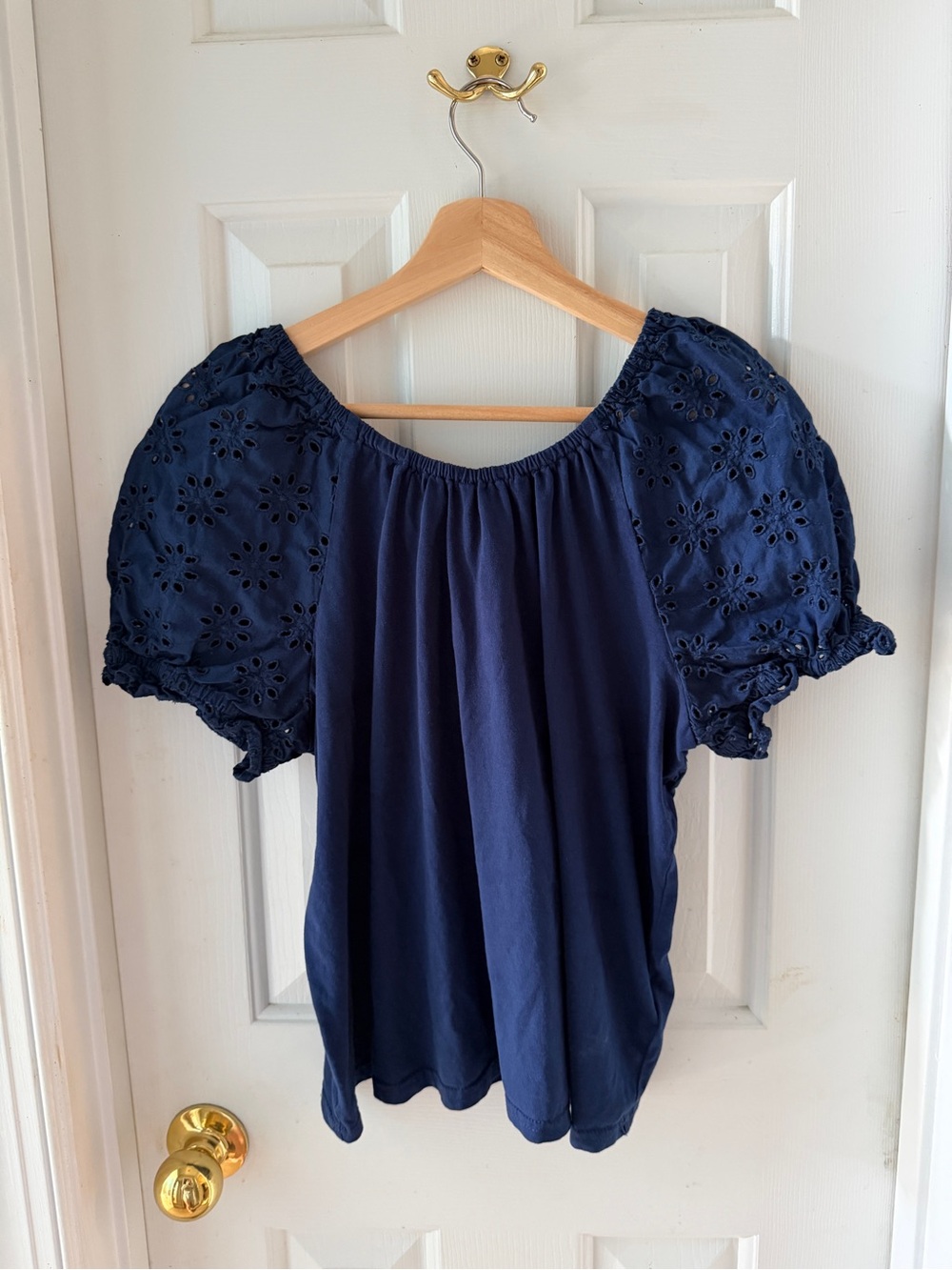 J. Crew Navy Eyelet Puff Sleeve Top